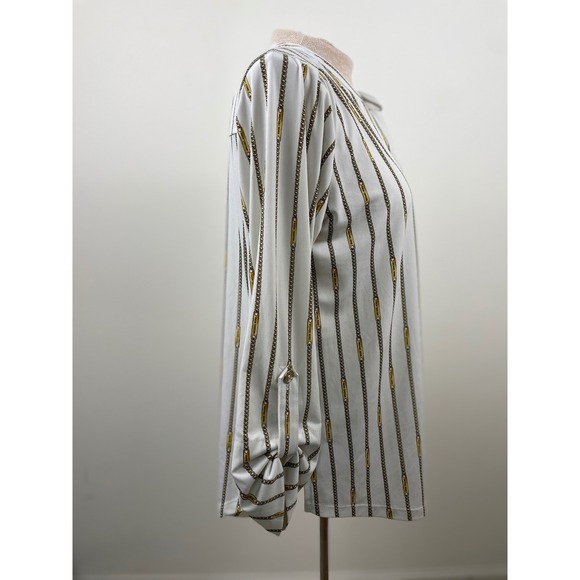Michael Kors Women's White Chain Print Quarter Zip Long Sleeve Blouse Top M‎ - Picture 3 of 10
